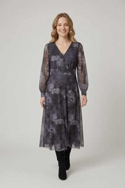 Printed Semi Sheer Floaty Midi Dress| MULTI GREY