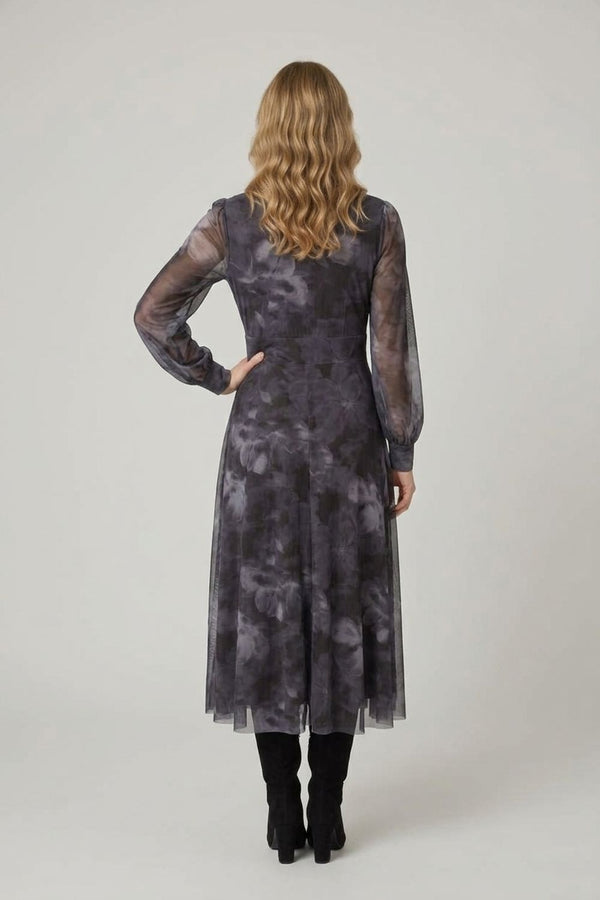 Printed Semi Sheer Floaty Midi Dress| MULTI GREY