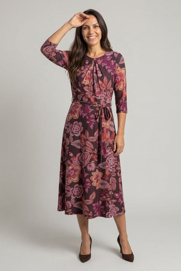 Floral 3/4 Sleeve A-Line Tie Midi Dress| BROWN