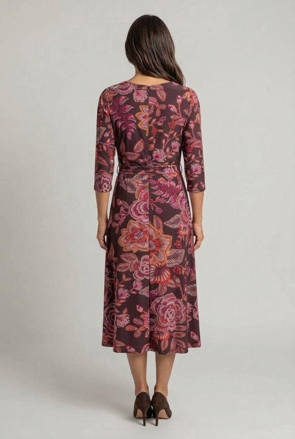 Floral 3/4 Sleeve A-Line Tie Midi Dress| BROWN