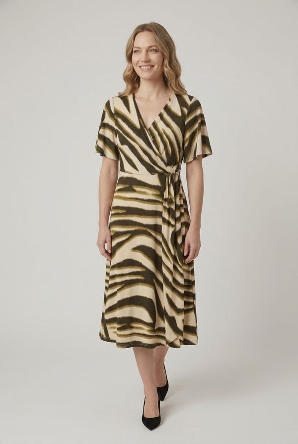 Animal Print Angel Sleeve Tie Midi Dress| MULTI GREEN