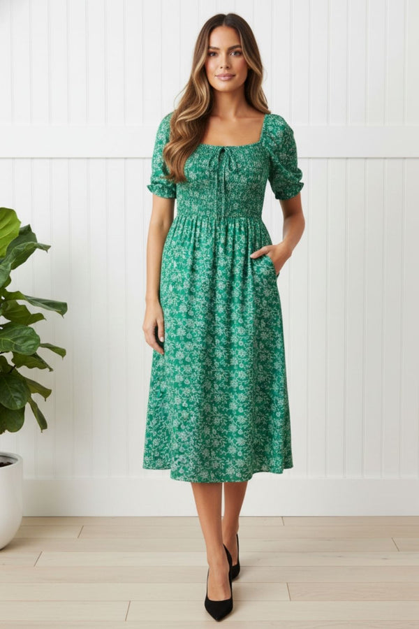 Floral Shirred Tie Front Midi Dress| GREEN