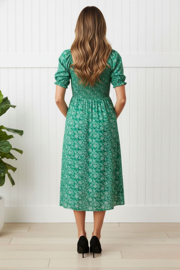 Floral Shirred Tie Front Midi Dress| GREEN