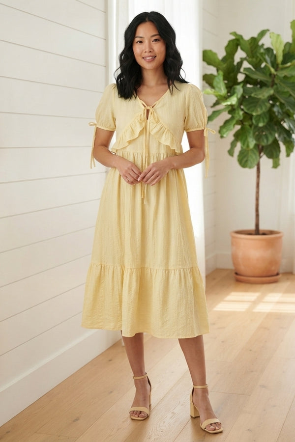 Textured Ruffle Front Tiered Midi Dress| YELLOW