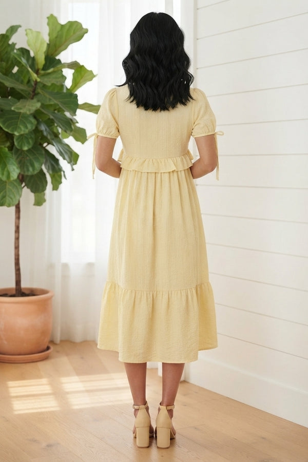 Textured Ruffle Front Tiered Midi Dress| YELLOW