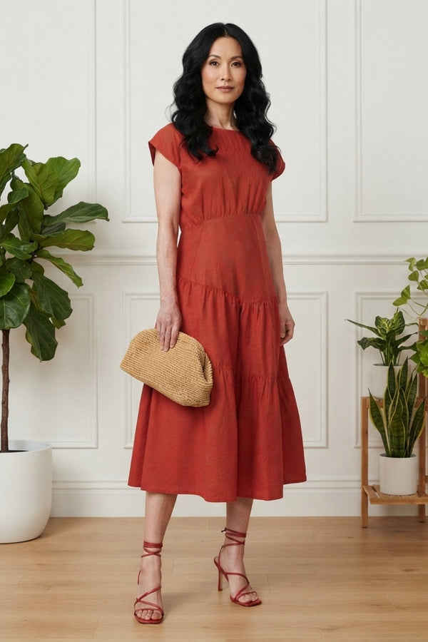 Asymmetric Cap Sleeve Tiered Midi Dress| ORANGE
