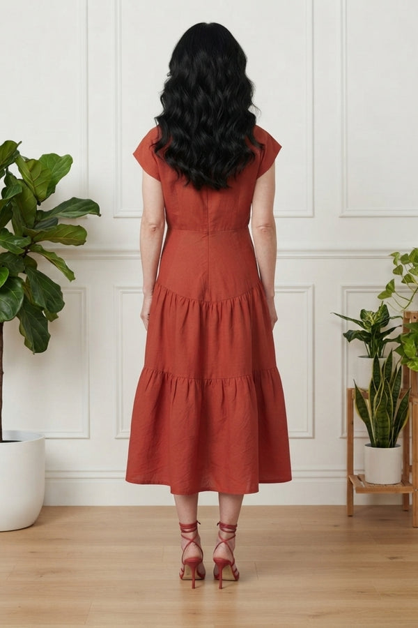 Asymmetric Cap Sleeve Tiered Midi Dress| ORANGE