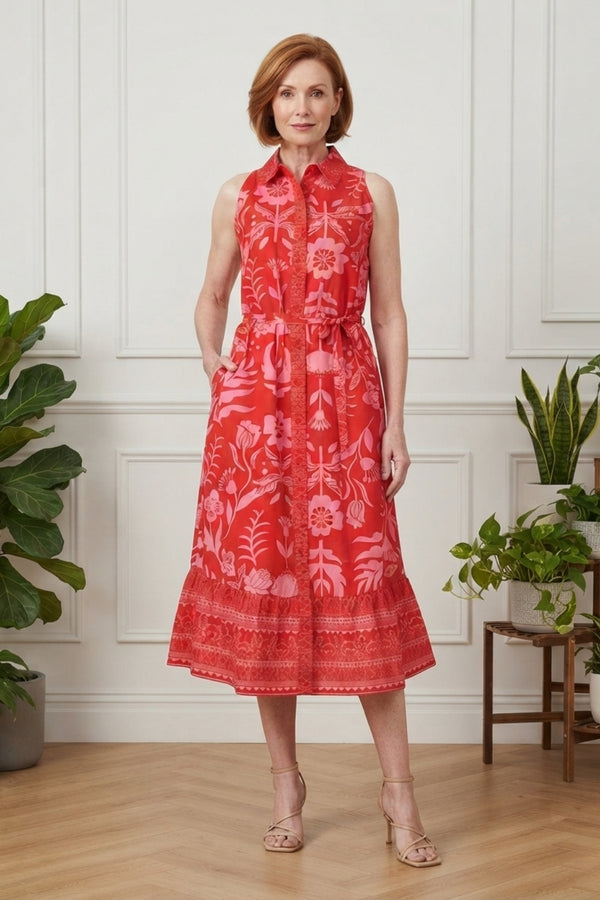 Floral Sleeveless Midi Shirt Dress| MULTI ORANGE