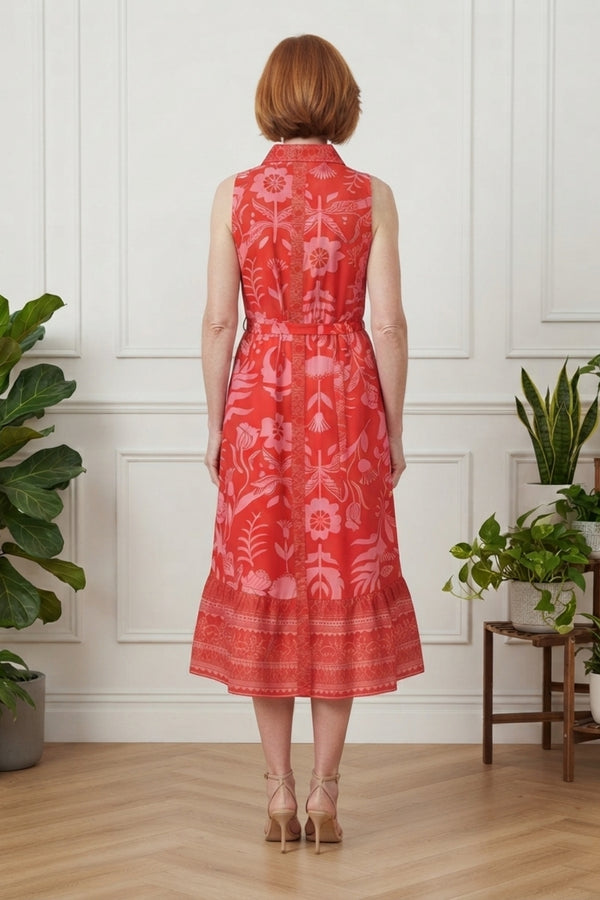 Floral Sleeveless Midi Shirt Dress| MULTI ORANGE