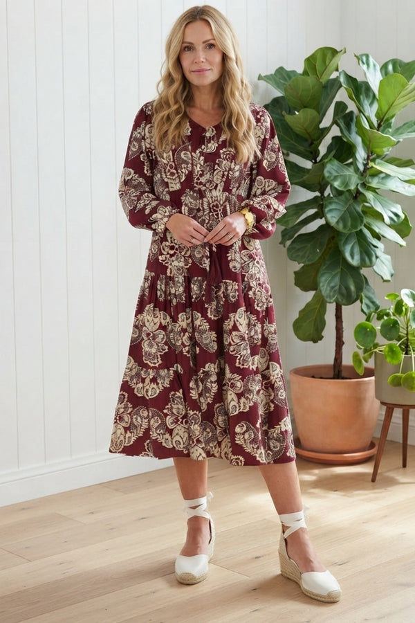 Floral Shirred Long Sleeve Midi Dress| RED