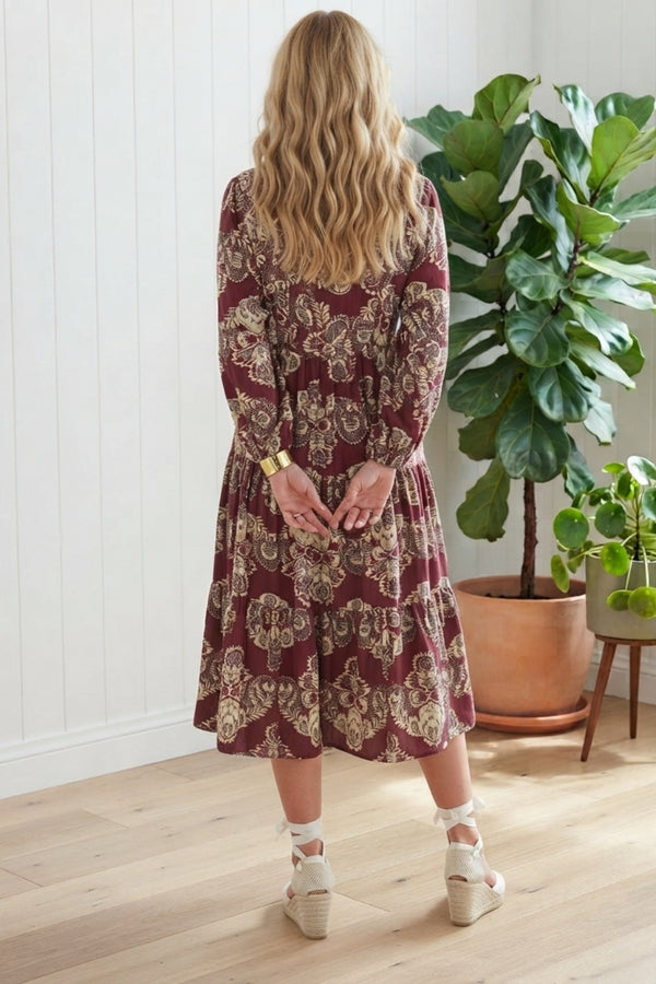 Floral Shirred Long Sleeve Midi Dress| RED