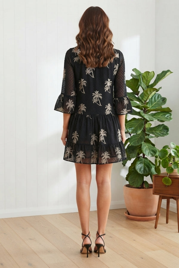 Tropical Print Tiered Short Shirt Dress| MULTI BLACK