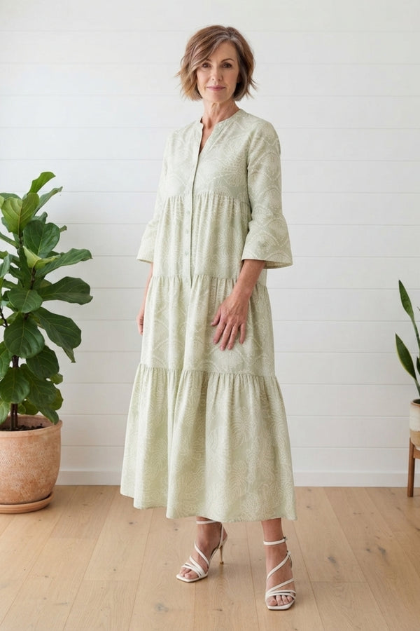 Printed 3/4 Sleeve Relaxed Maxi Dress| SAGE