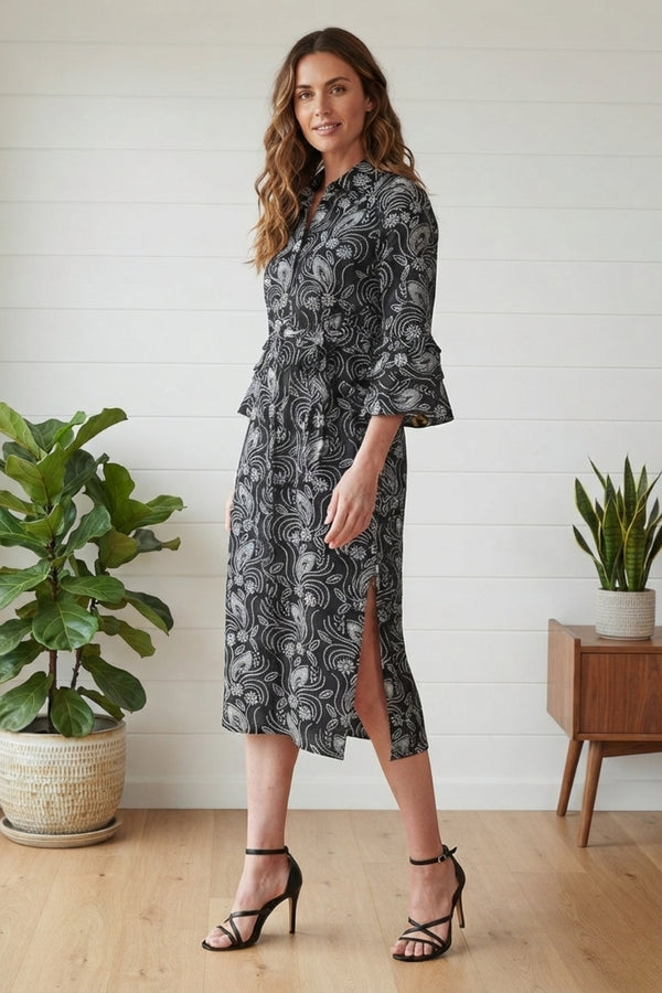 Floral 3/4 Flared Sleeve Midi Dress| MULTI BLACK