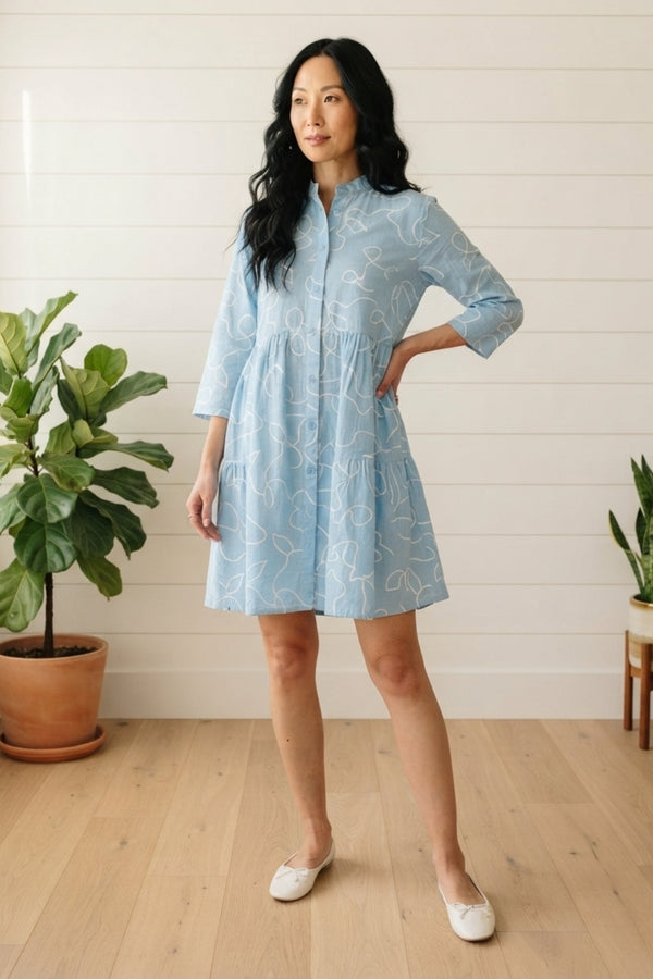 Abstract 3/4 Sleeve Relaxed Short Dress| BLUE