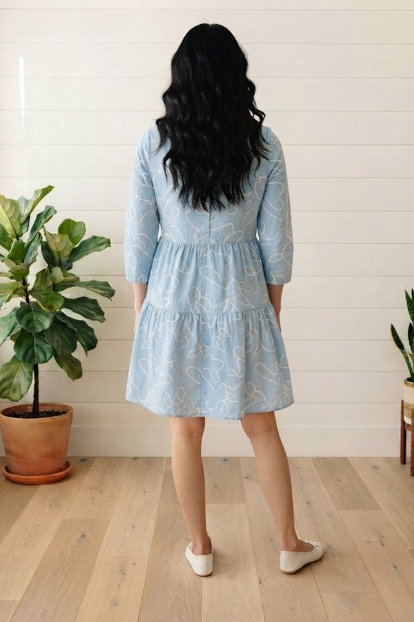 Abstract 3/4 Sleeve Relaxed Short Dress| BLUE