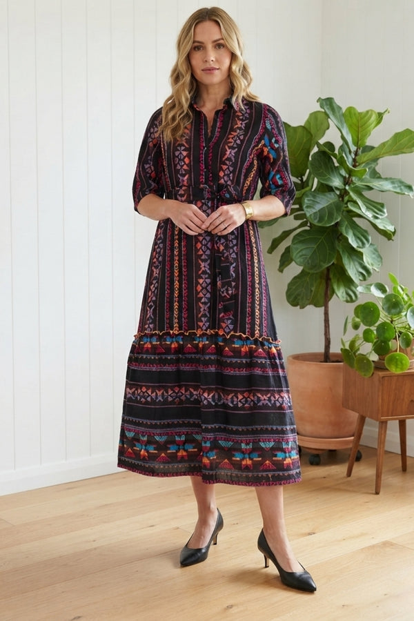 Aztec Print 1/2 Sleeve Tie Midi Dress| MULTI BLACK