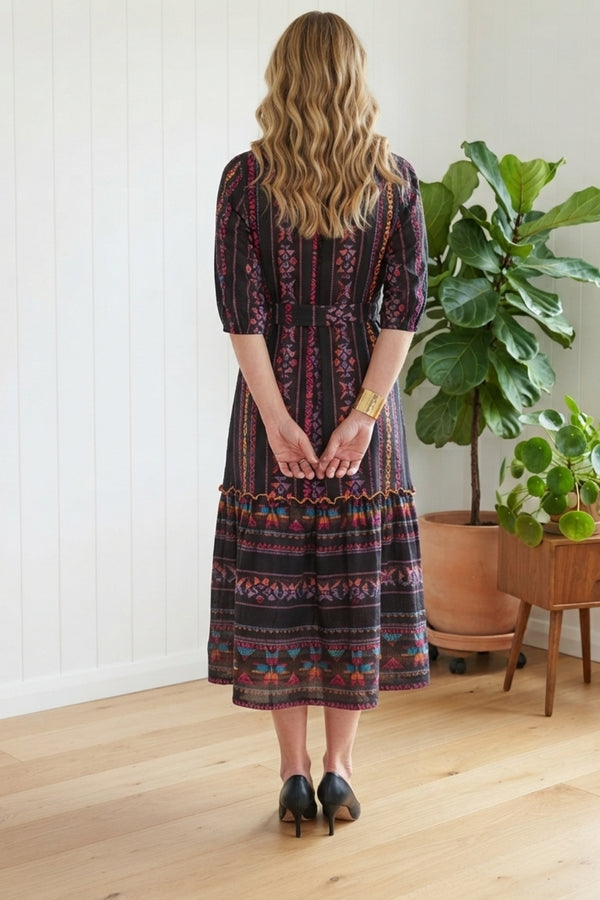 Aztec Print 1/2 Sleeve Tie Midi Dress| MULTI BLACK