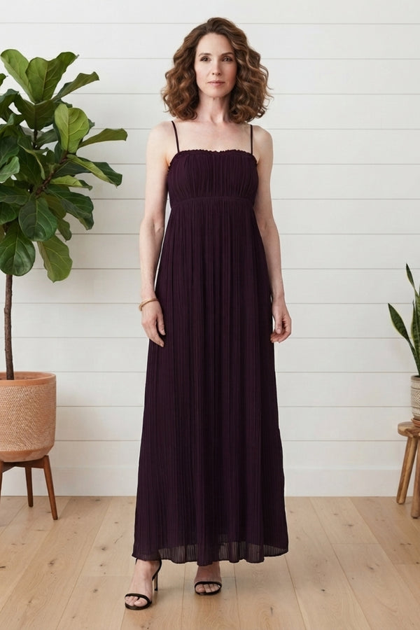Pleated Texture Cami Strap Maxi Dress| PURPLE