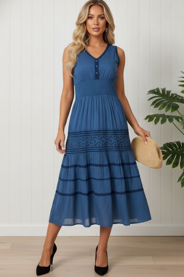 Textured Trim Sleeveless Midi Dress | DENIM
