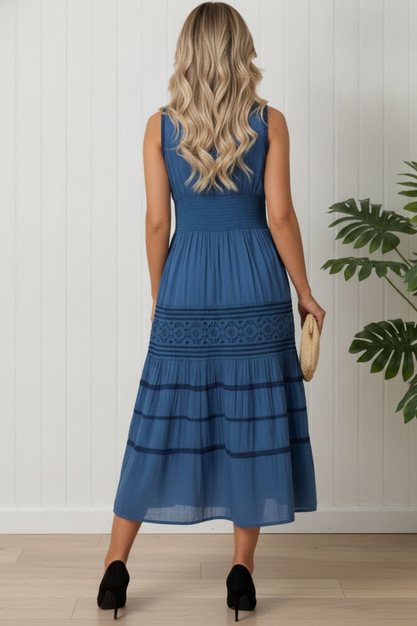 Textured Trim Sleeveless Midi Dress | DENIM