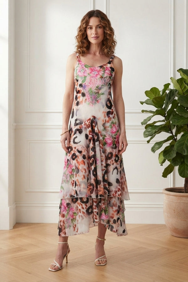 Printed Layered Sleeveless Maxi Dress| MULTI PINK