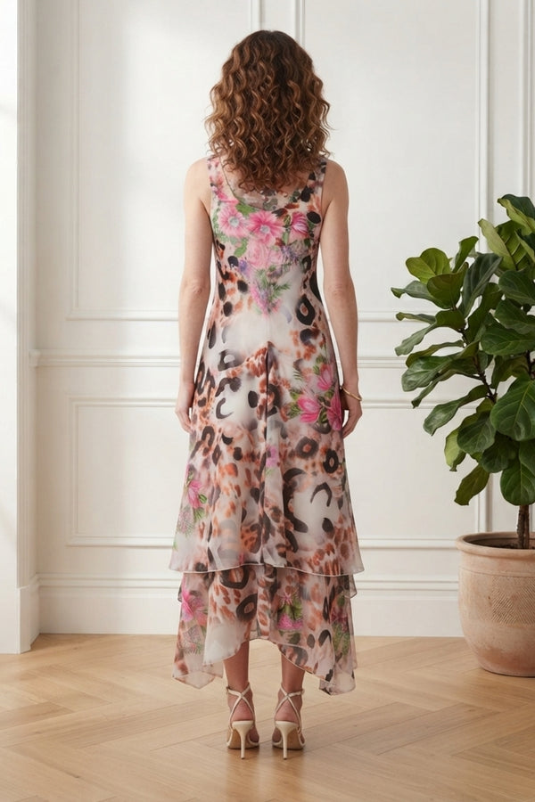 Printed Layered Sleeveless Maxi Dress| MULTI PINK