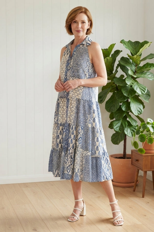 Patchwork Print Midi Sleeveless Dress| MULTI BLUE