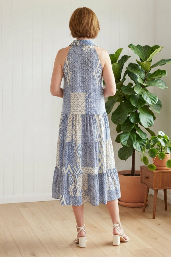 Patchwork Print Midi Sleeveless Dress| MULTI BLUE