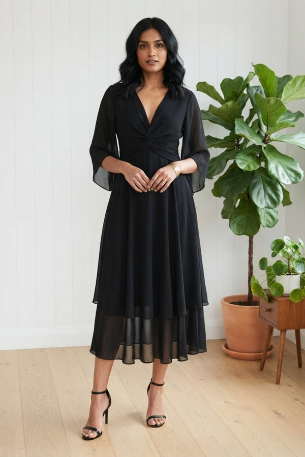 Semi Sheer Layer Flare Sleeve Maxi Dress| BLACK