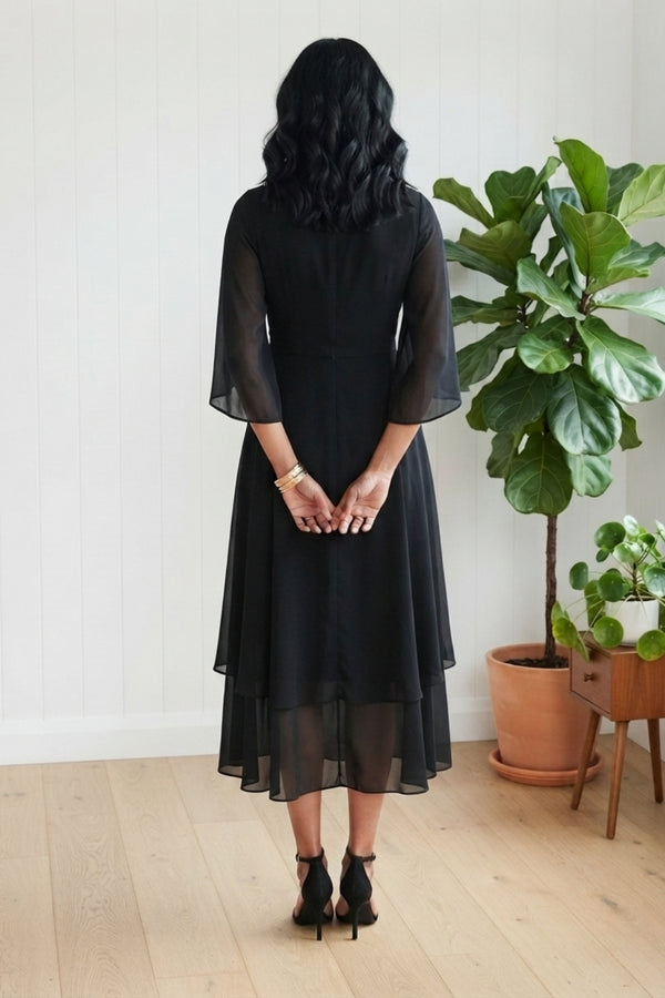 Semi Sheer Layer Flare Sleeve Maxi Dress| BLACK