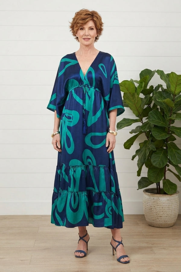 Abstract 3/4 Sleeve Relaxed Maxi Dress| MULTI BLUE