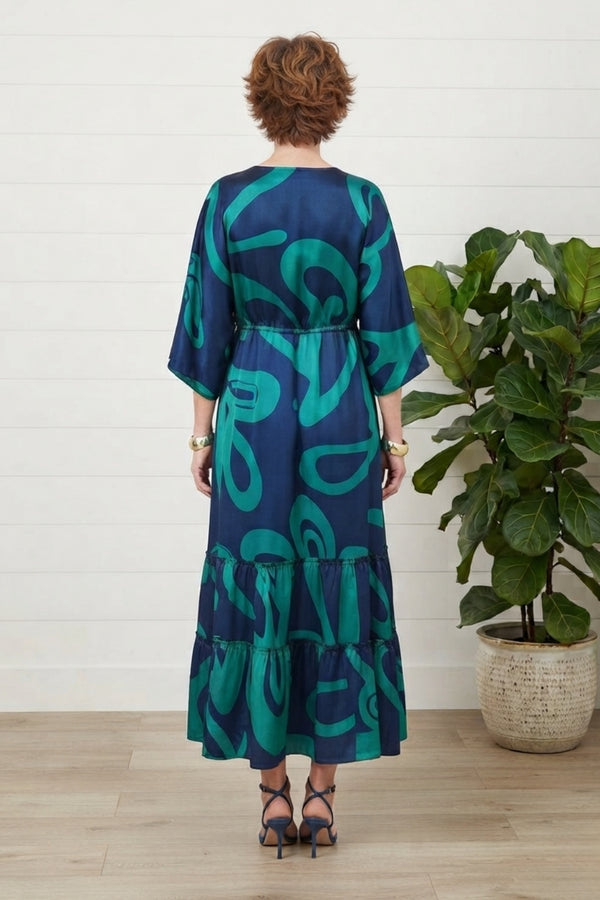 Abstract 3/4 Sleeve Relaxed Maxi Dress| MULTI BLUE