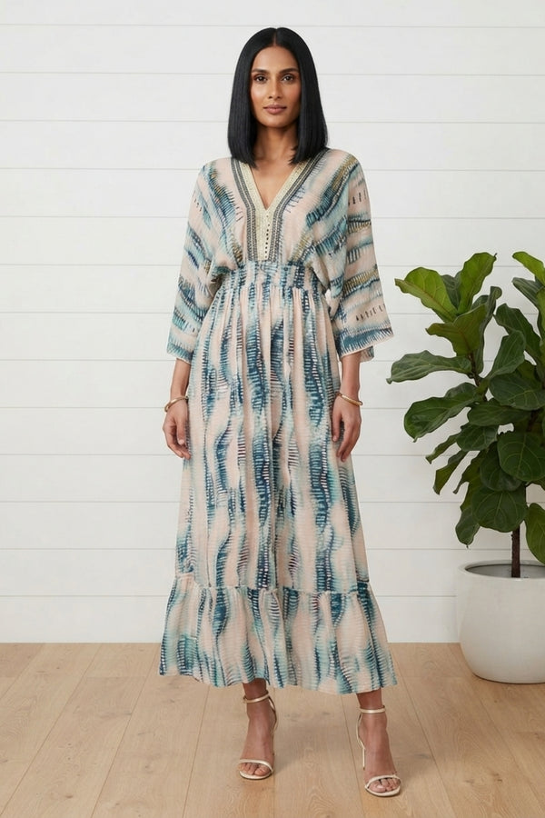 Printed 3/4 Sleeve Shirred Maxi Dress| MULTI BLUE
