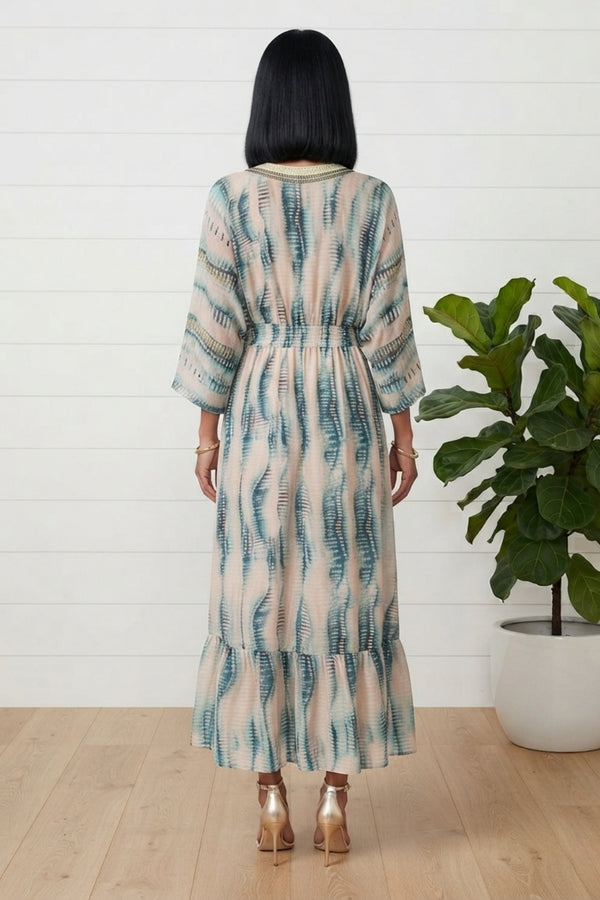 Printed 3/4 Sleeve Shirred Maxi Dress| MULTI BLUE