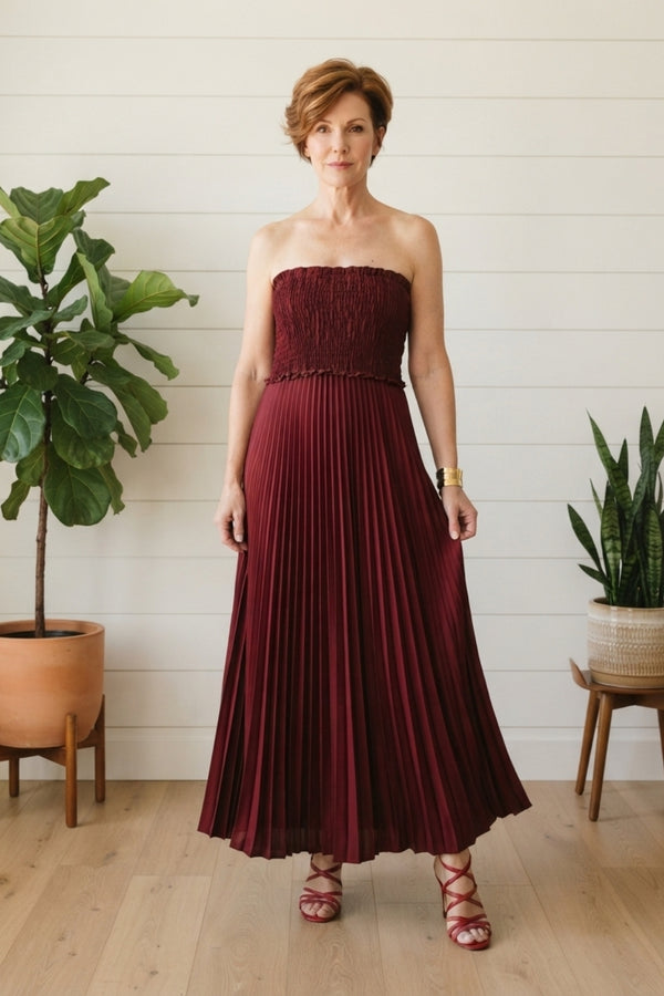 Pleated Sleeveless Shirred Maxi Dress| RUST