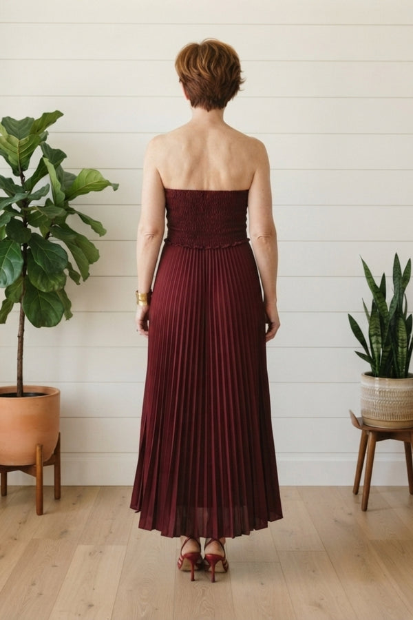 Pleated Sleeveless Shirred Maxi Dress| RUST
