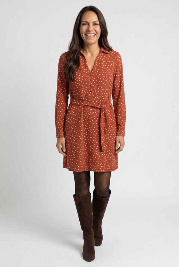 Polka Dot Tie Waist Short Shirt Dress| RUST