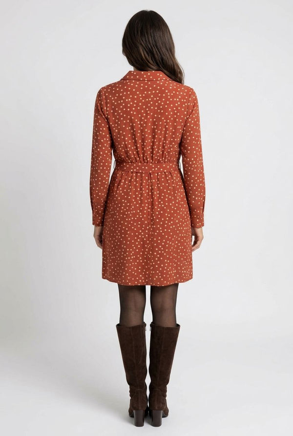 Polka Dot Tie Waist Short Shirt Dress| RUST