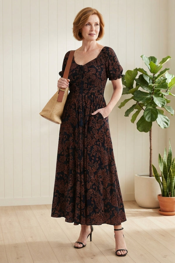 Paisley Short Puff Sleeve Maxi Dress| MULTI BLACK