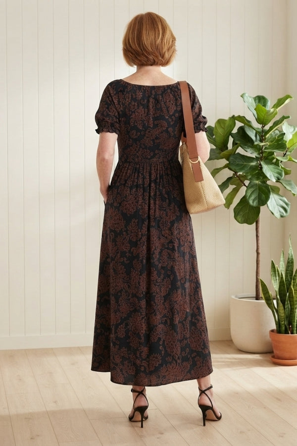 Paisley Short Puff Sleeve Maxi Dress| MULTI BLACK