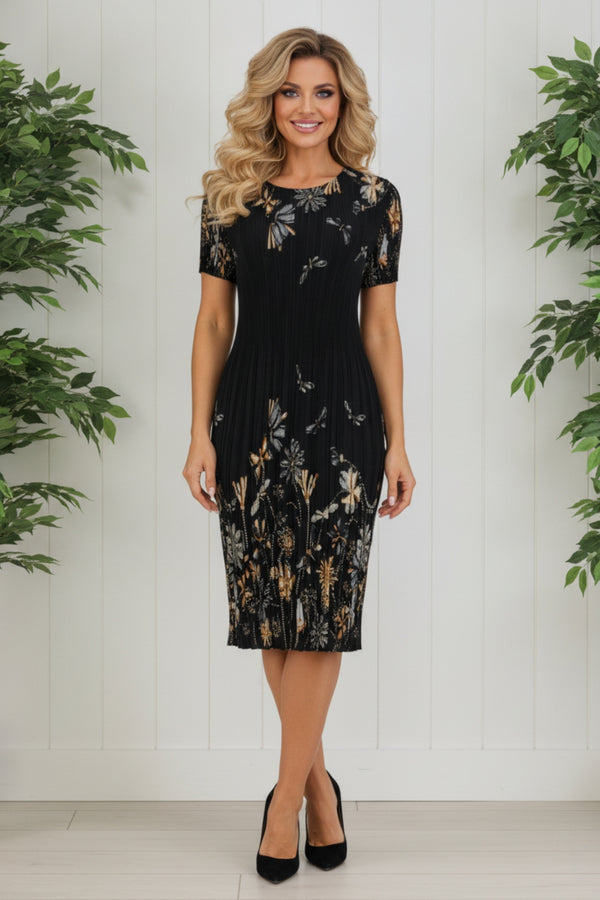 Floral Short Sleeve Pleated Midi Dress| BLACK