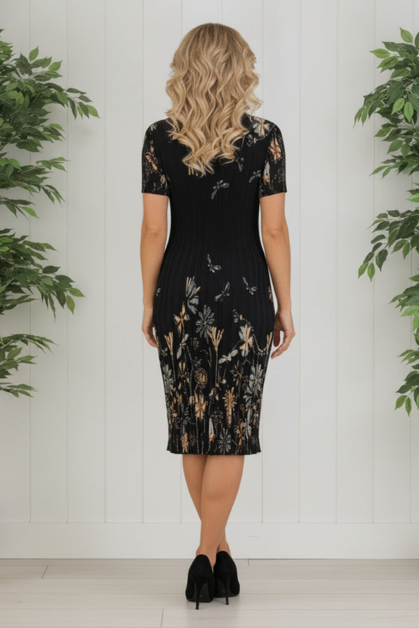 Floral Short Sleeve Pleated Midi Dress| BLACK