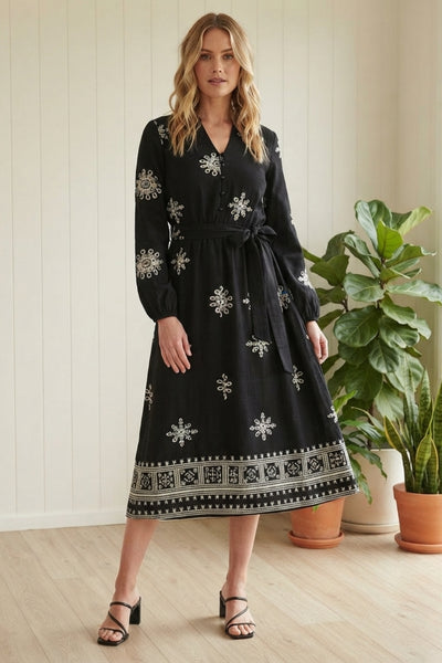 Border Print Long Sleeve Tie Midi Dress| BLACK