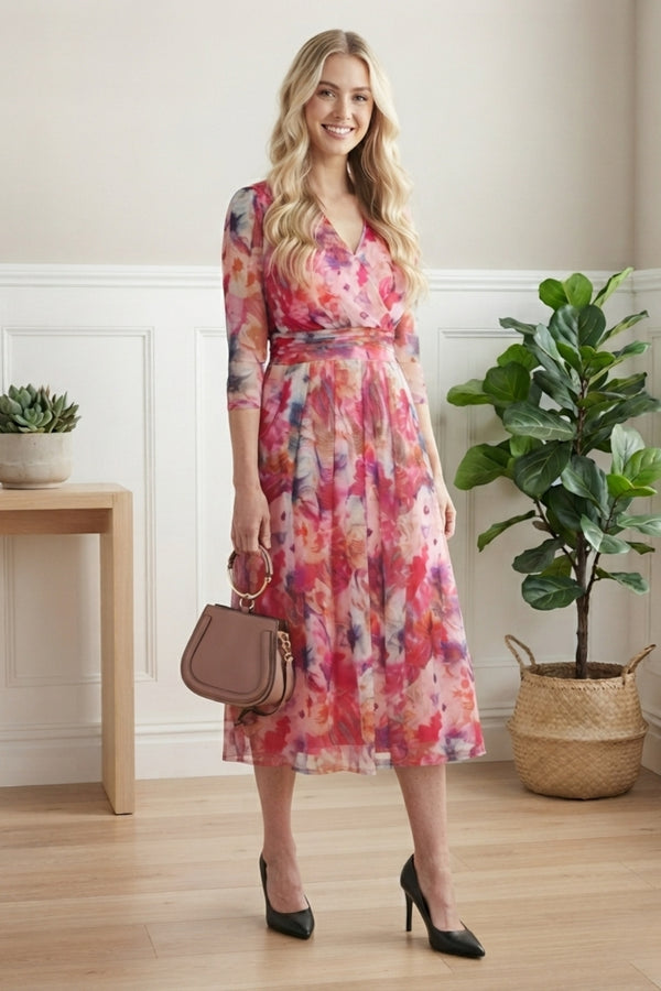 Floral Sheer Layer Midi Wrap Dress| PINK