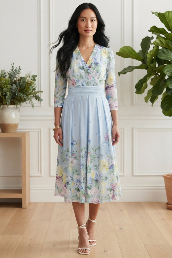 Floral 3/4 Sleeve Ruched Wrap Midi Dress| BLUE