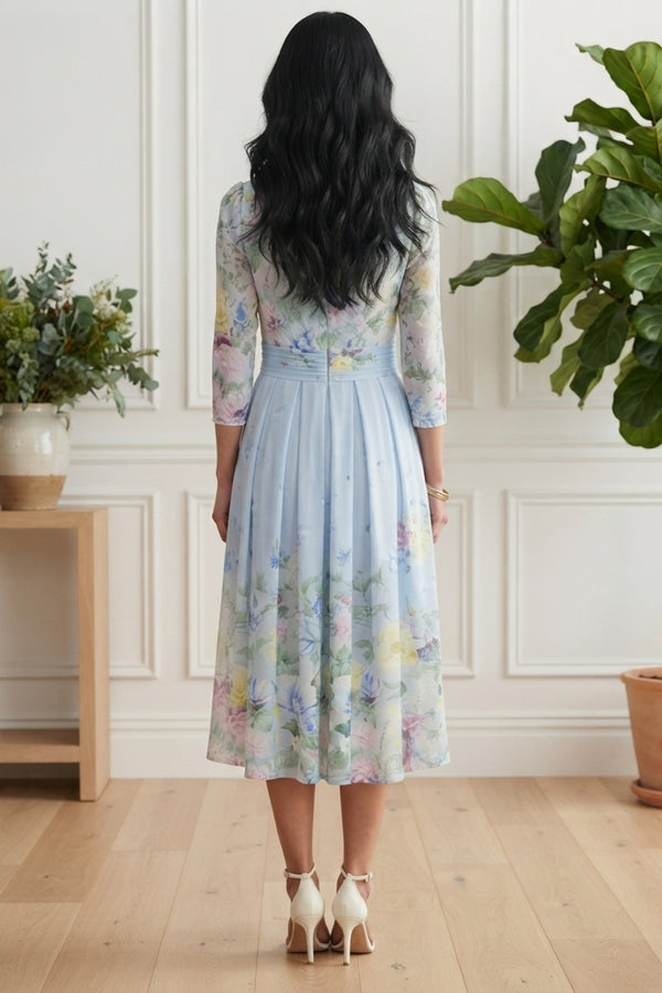 Floral 3/4 Sleeve Ruched Wrap Midi Dress| BLUE