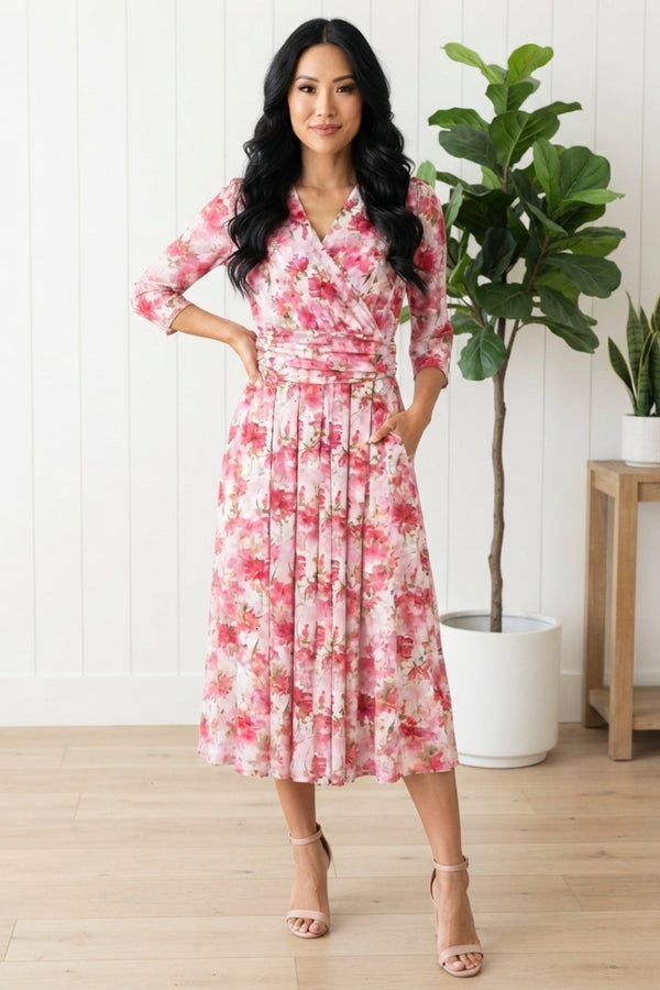 Floral Ruched Waist Midi Wrap Dress| PINK