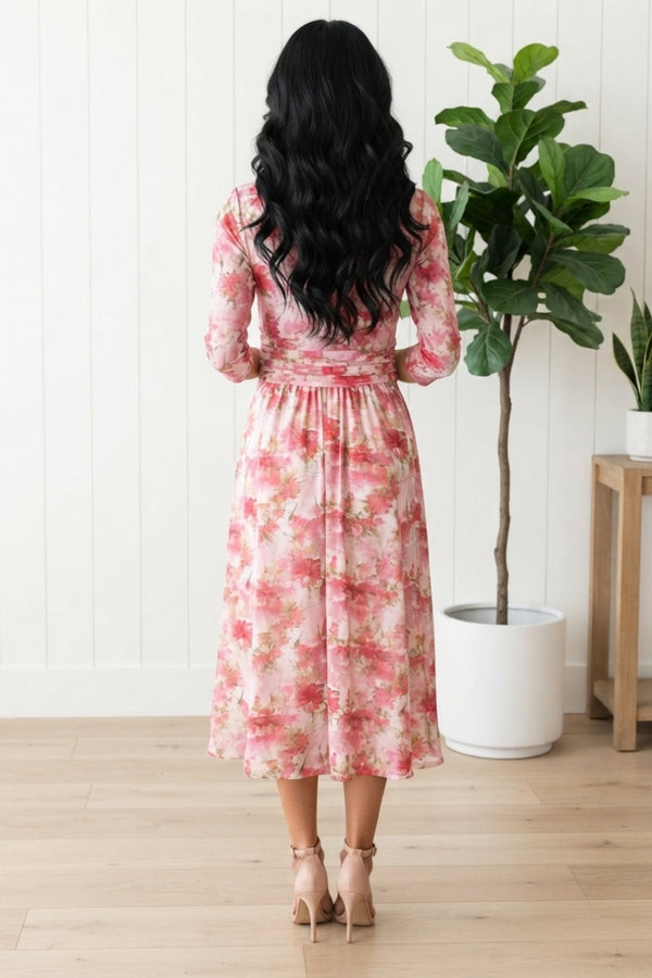 Floral Ruched Waist Midi Wrap Dress| PINK