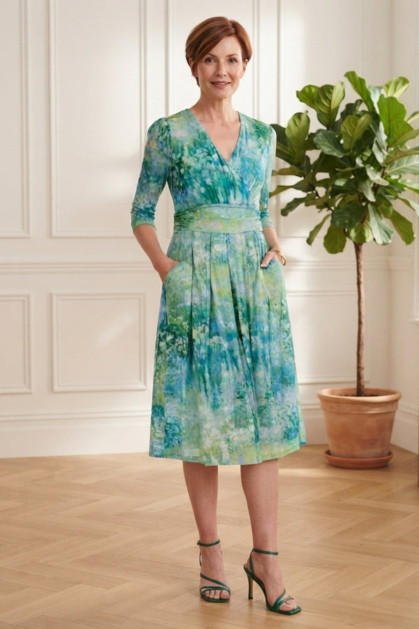 Printed Ruched Wrap Pleated Midi Dress| GREEN